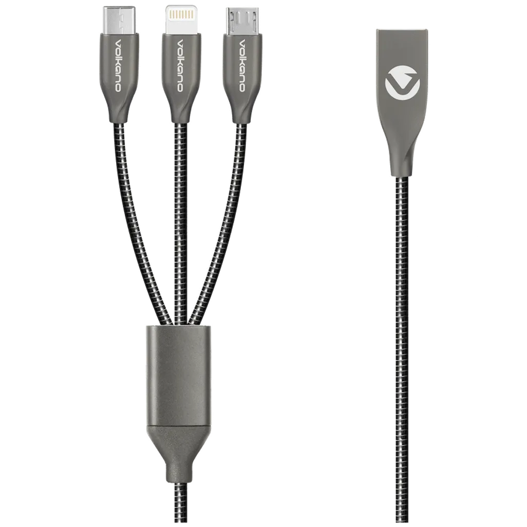 Volkano Iron Series Round Metallic Spring 3-in-1 (Type-C/Lightning/Micro) Cable 1m